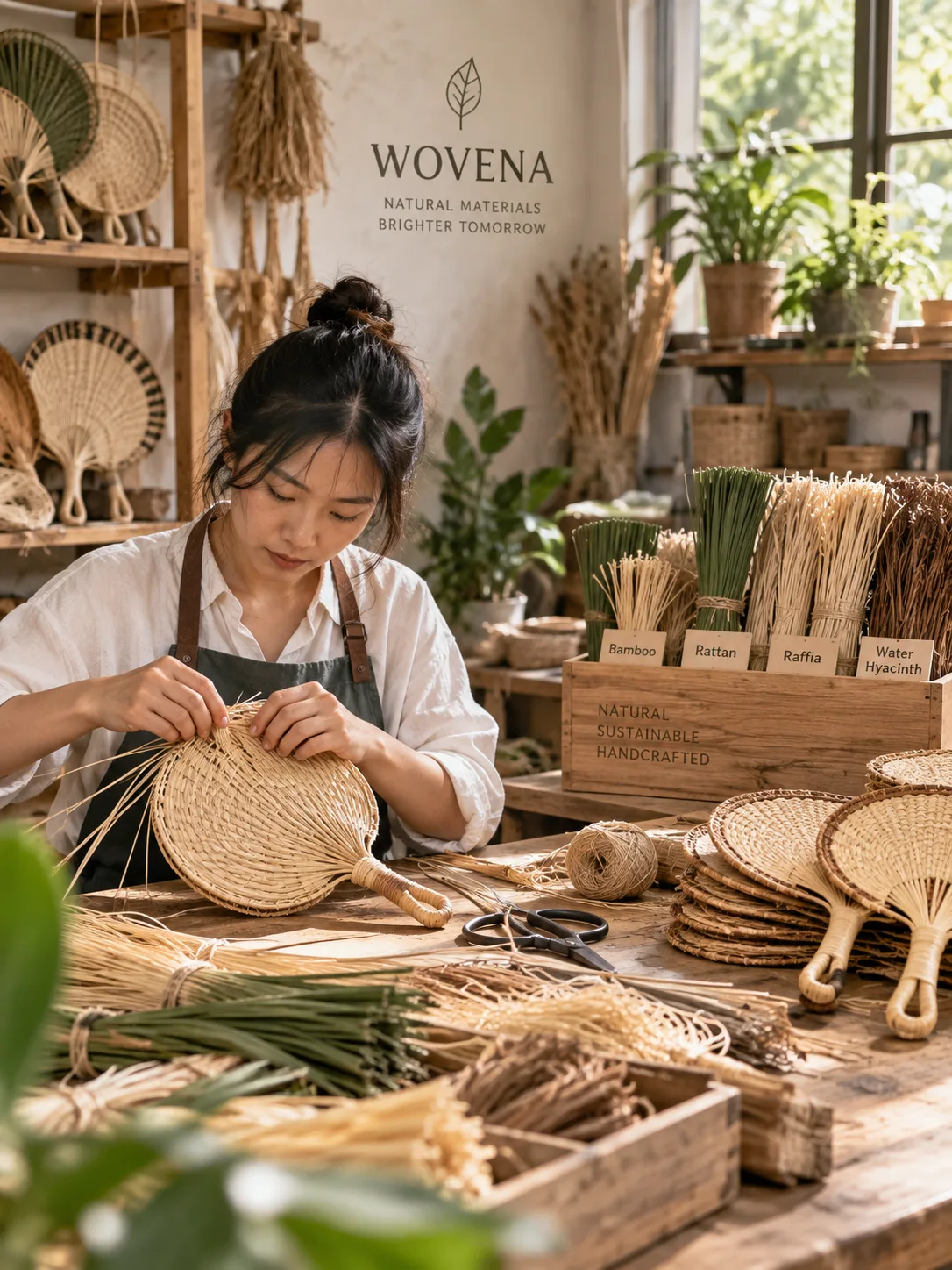 Batches of dried natural grasses and raffia bundles prepared for production