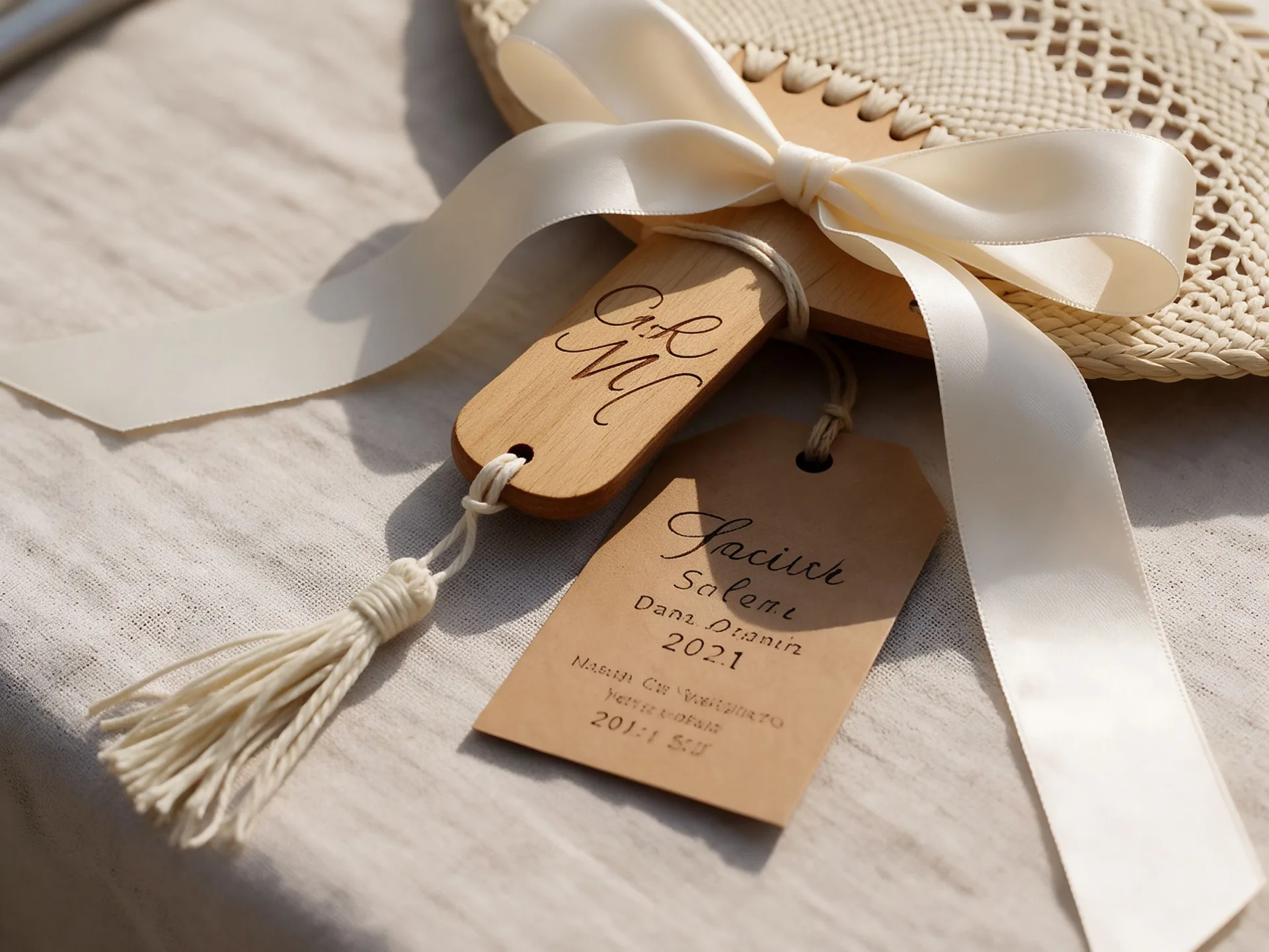Close-up of engraved handle, ribbon and hang tag on a wedding fan