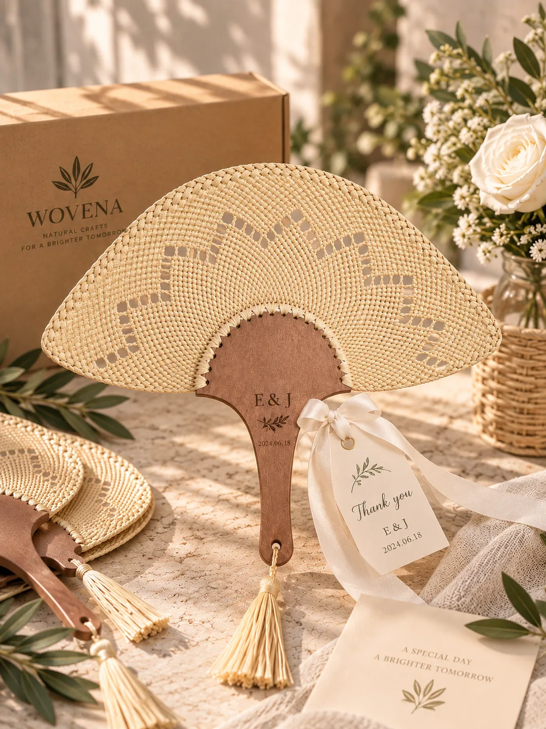 WOVENA Wedding Woven Hand Fan Real Product Photos