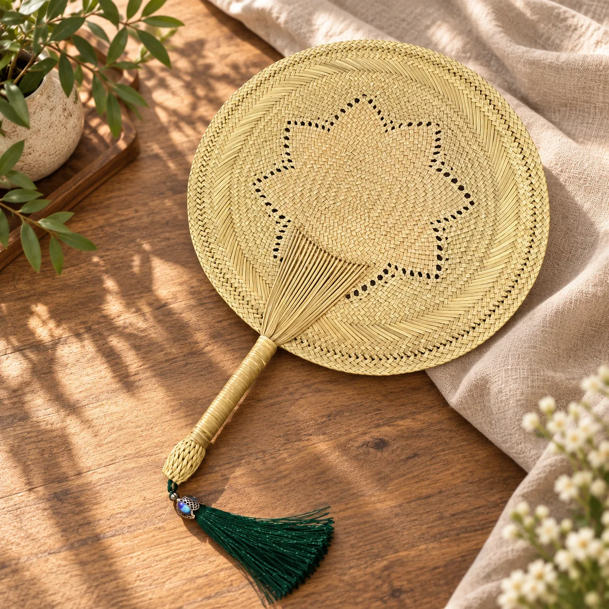 Natural Floral Openwork Grass Woven Fan