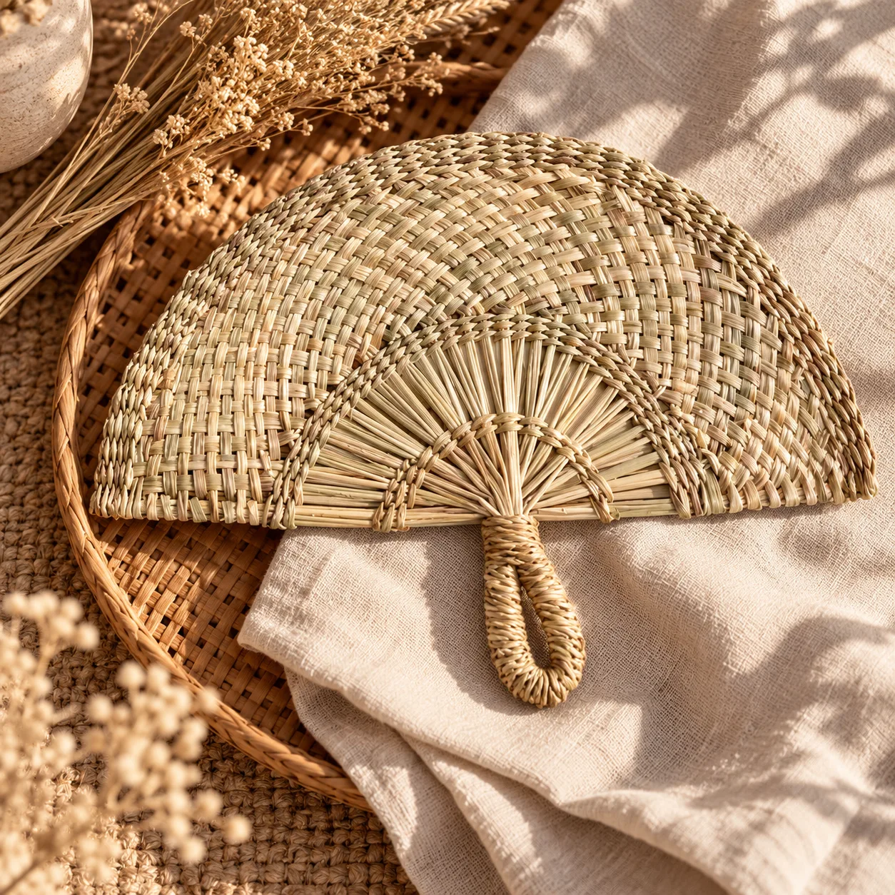 Natural Half-Moon Grass Woven Hand Fan