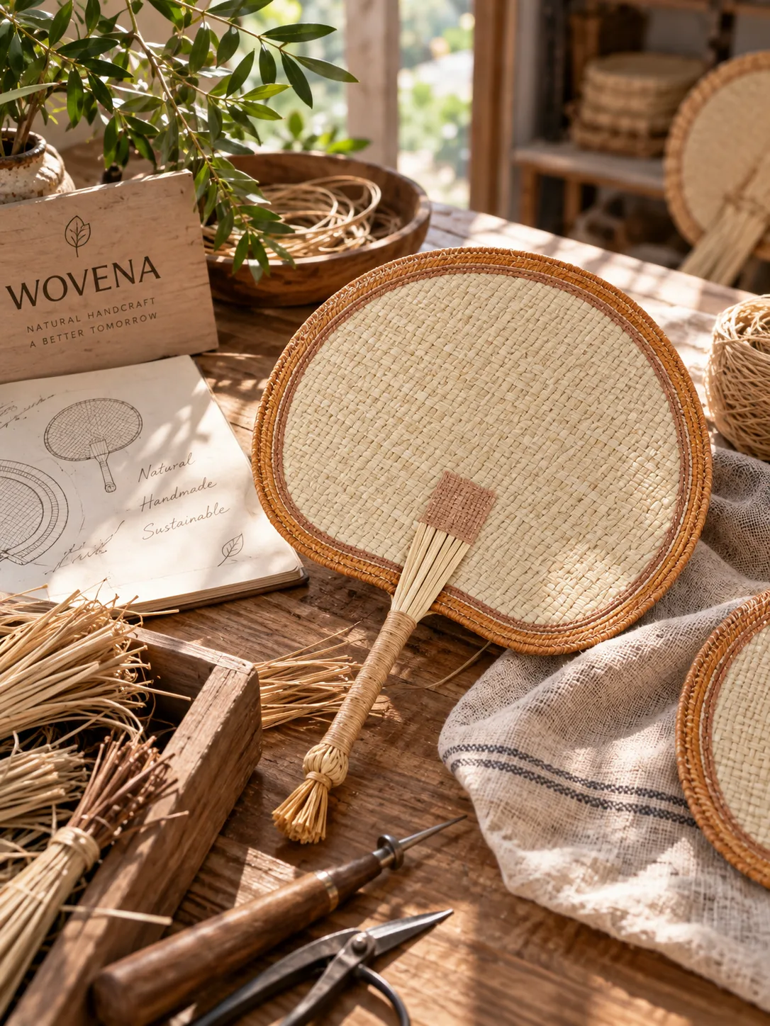WOVENA artisan weaving natural palm leaves in the studio