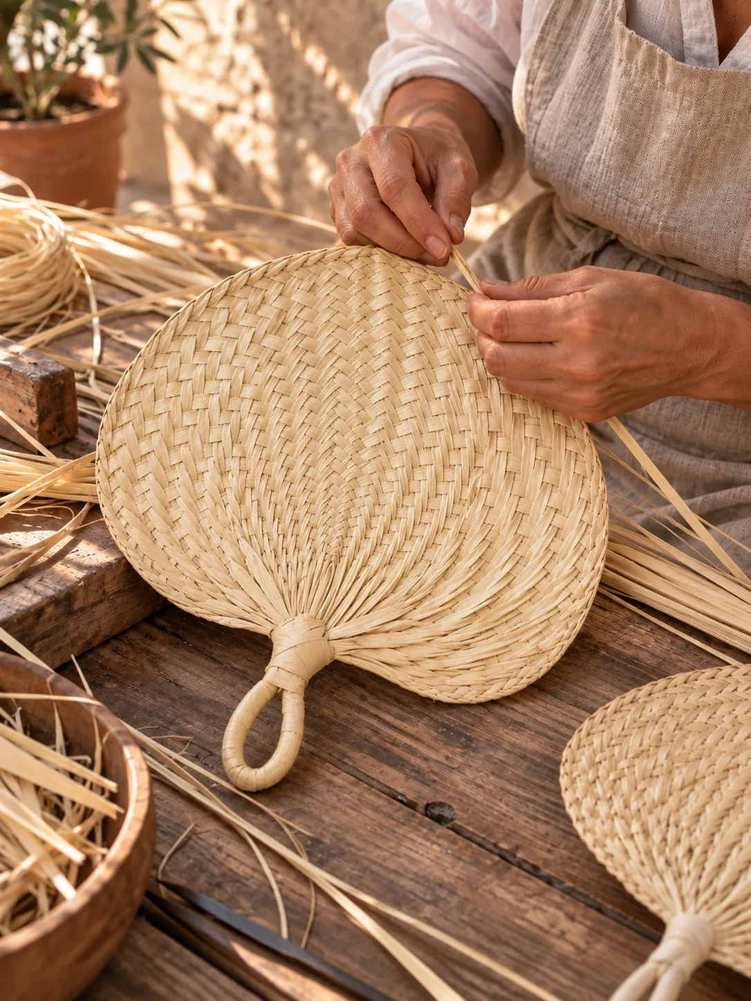 Artisan hand-weaving a natural palm leaf fan in the workshop