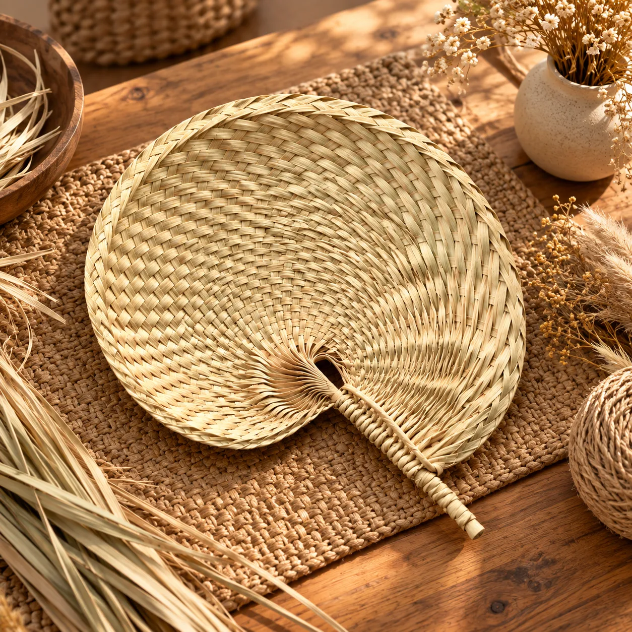 Natural Palm Leaf Woven Hand Fan