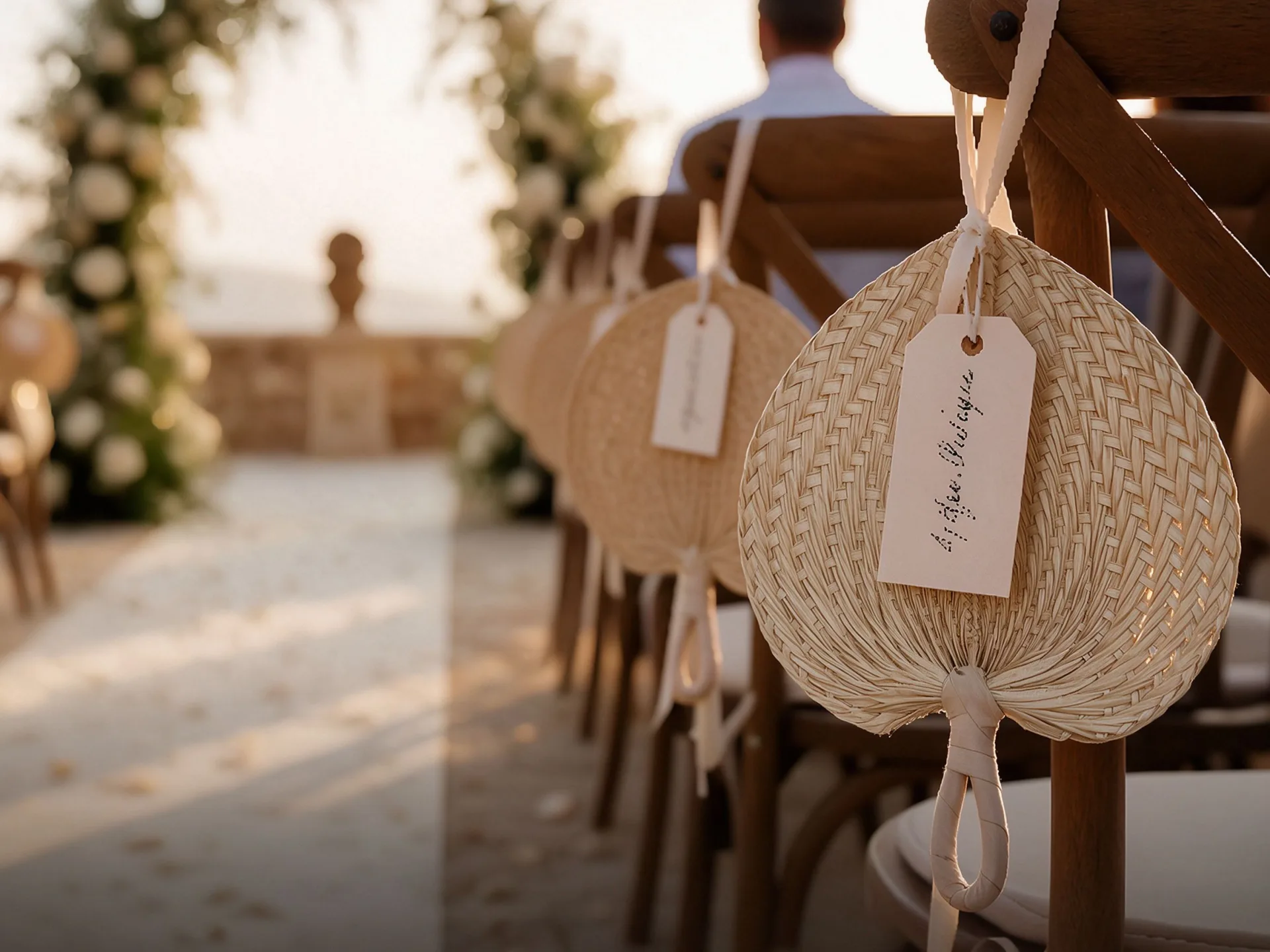 Personalized woven hand fans placed on guest chairs