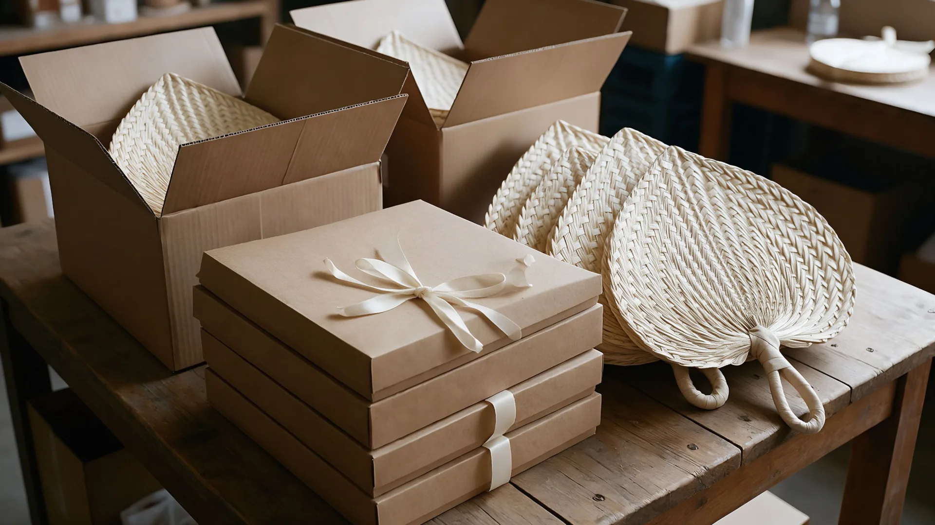 Bulk finished fans and custom wedding packaging ready for delivery