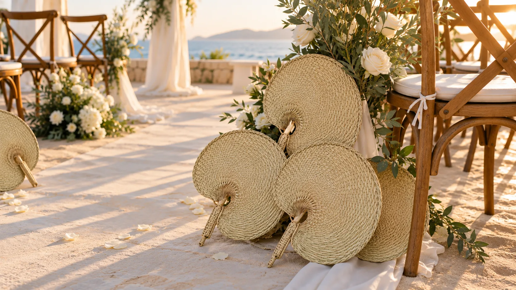 Natural woven hand fans placed on guest seats at a Mediterranean destination wedding