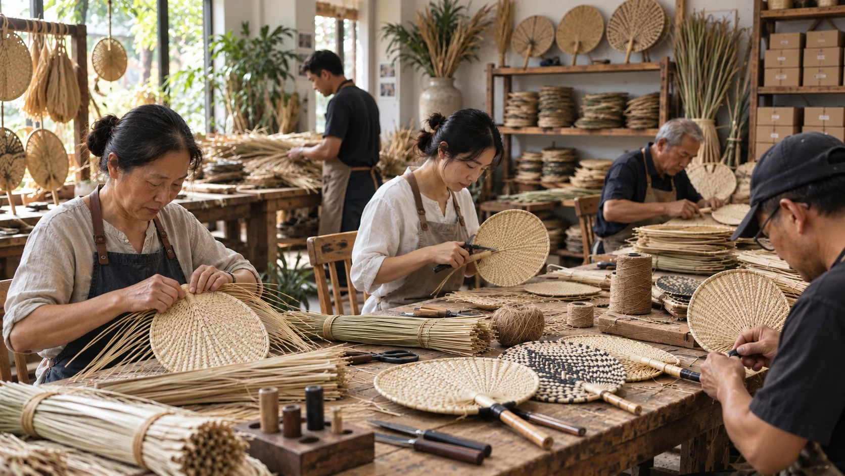 WOVENA craftsperson finishing and shaping a handwoven fan