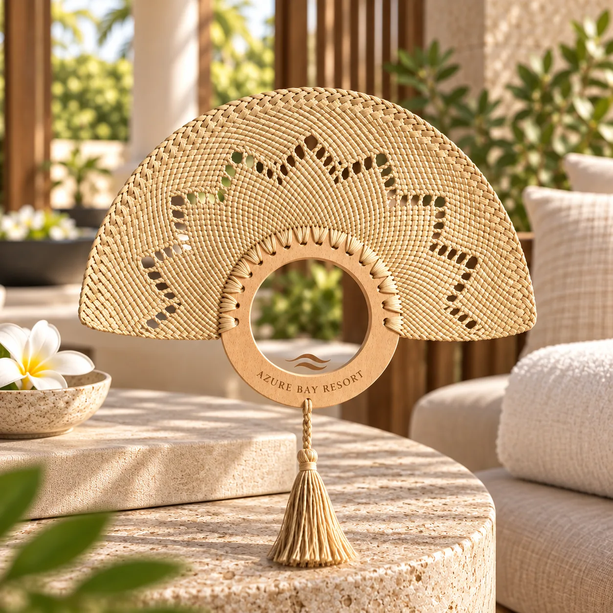 Custom Ring Handle Woven Resort Fan