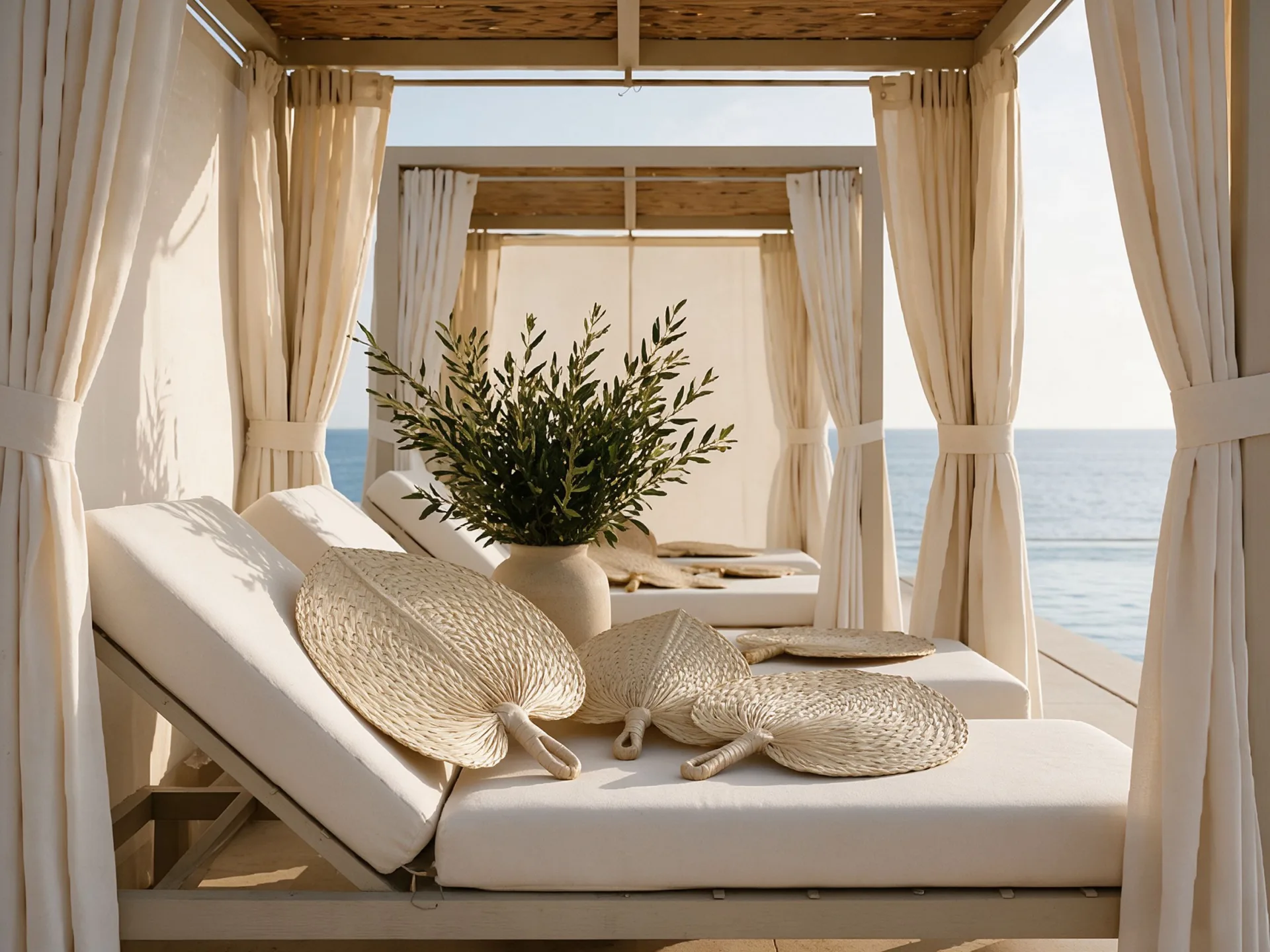 Woven fans styled at a Mediterranean resort poolside cabana