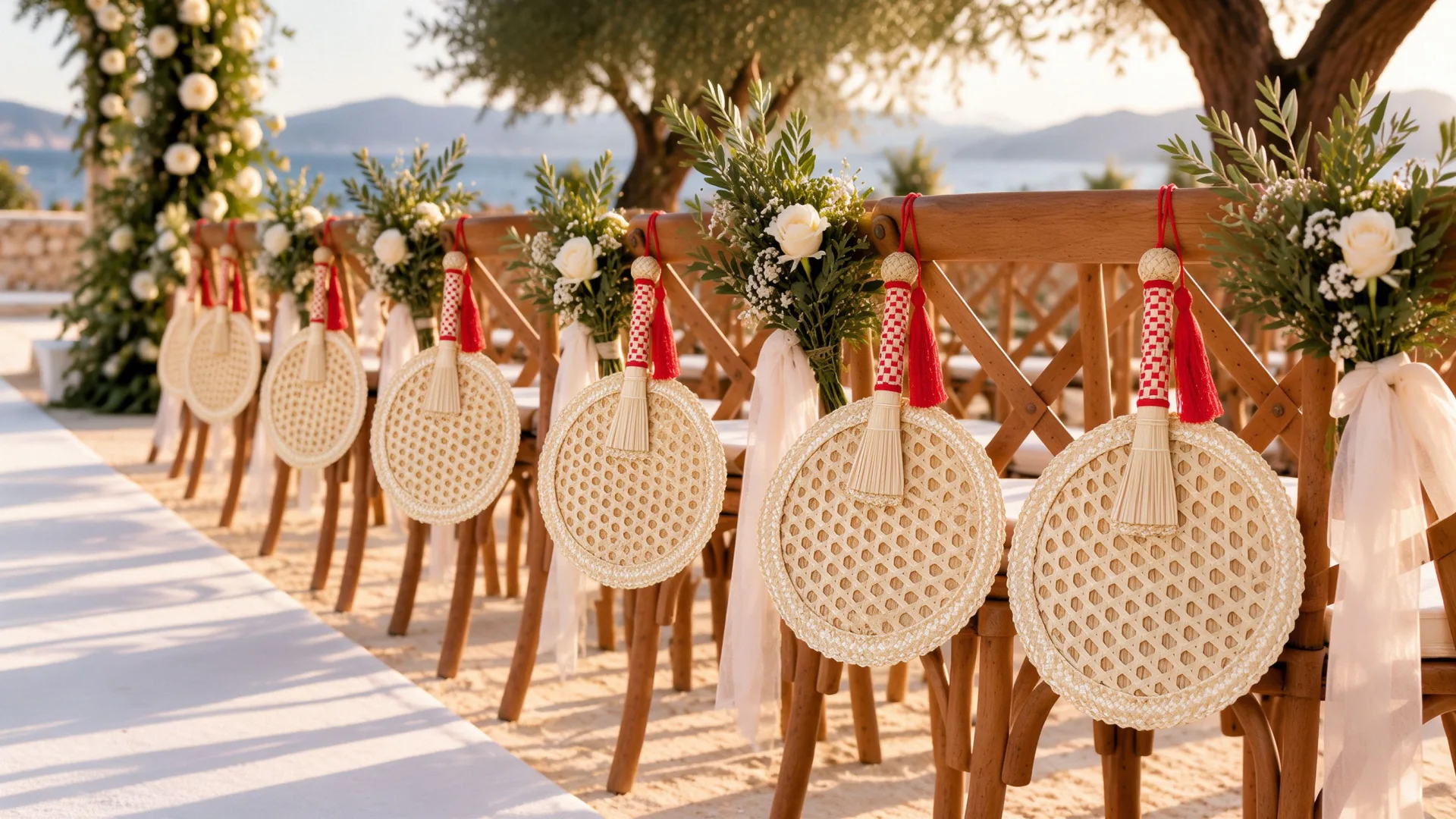 Wedding setting with woven hand fans across the ceremony aisle