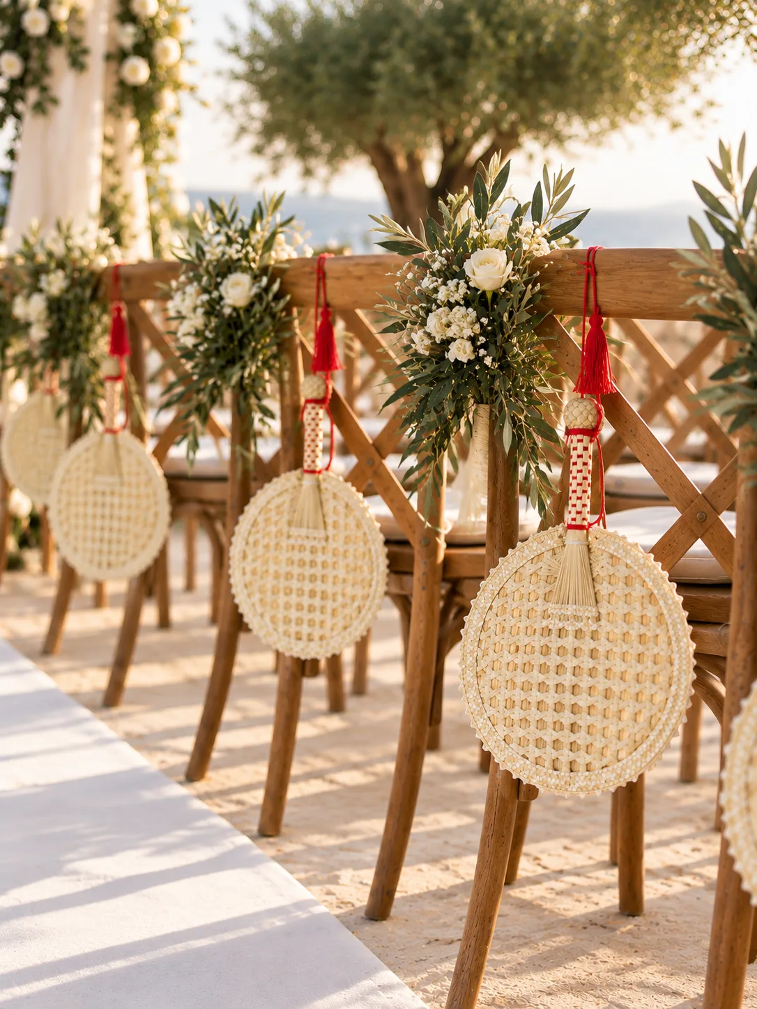 Mediterranean destination wedding ceremony aisle with natural woven hand fans on guest chairs