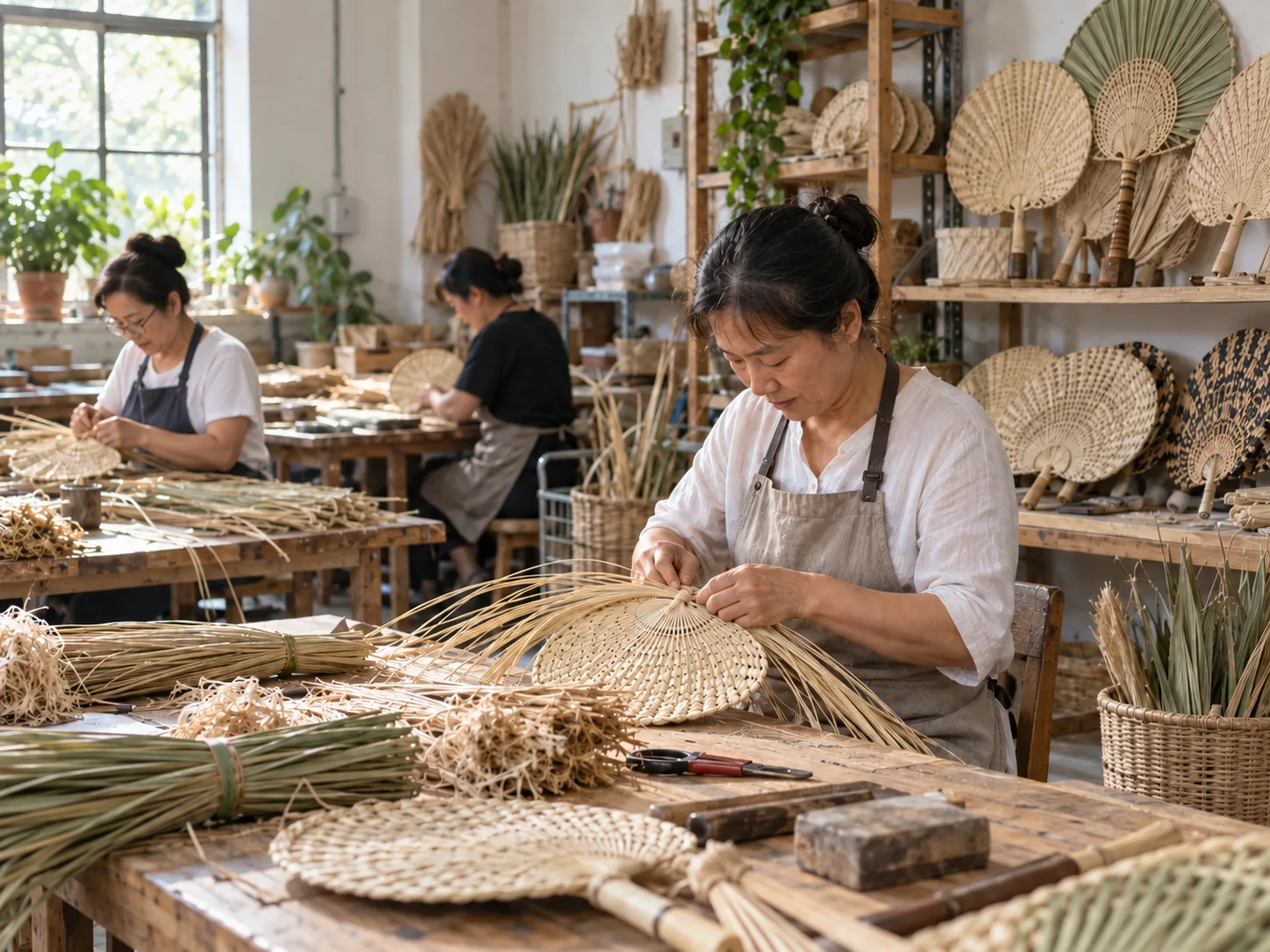 Inside the WOVENA production studio, showing weaving stations and finished fans